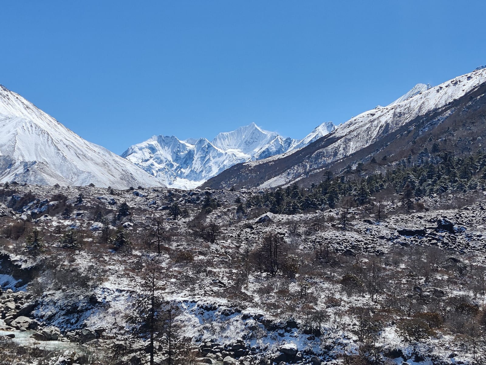 Snowfall over the mountains of Rasuwa district, Nepal